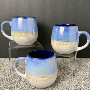 Meritage Blue Luster Reactive Glaze Stoneware Iridescent Mugs Large - Set Of 3